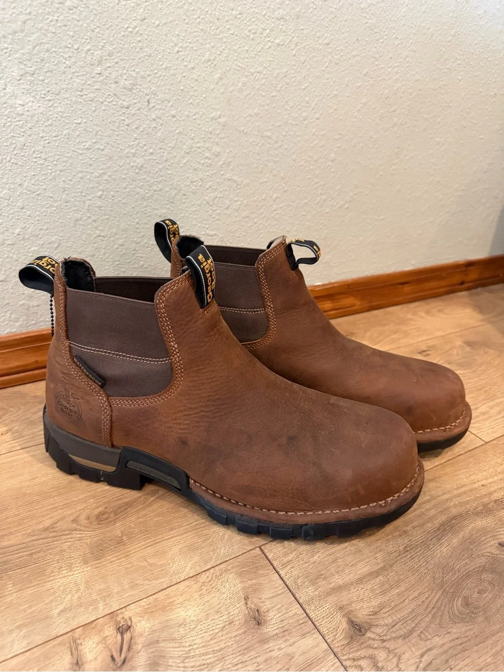 Georgia Boot Brown Leather Chelsea Work Slip-On Boots-STEEL TOE